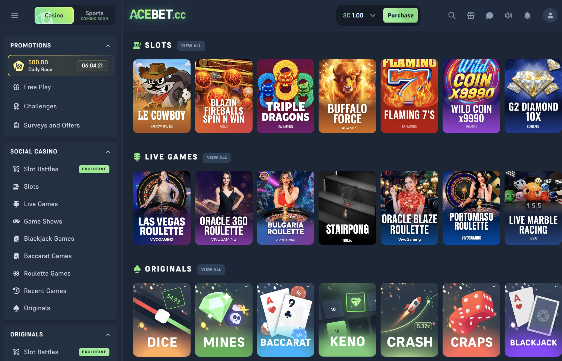 AceBet sweepstakes casino homepage