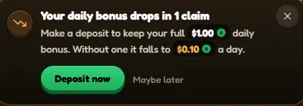 Bink daily bonus screen saying a deposit keeps the full $1 daily bonus and it falls to $0.10 without one