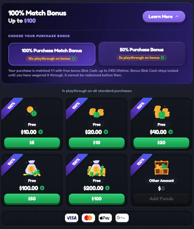 Bink welcome offer showing a 100 percent match bonus up to 100 dollars, 10x bonus playthrough, a 50 percent bonus with 5x playthrough, and 1x standard purchases