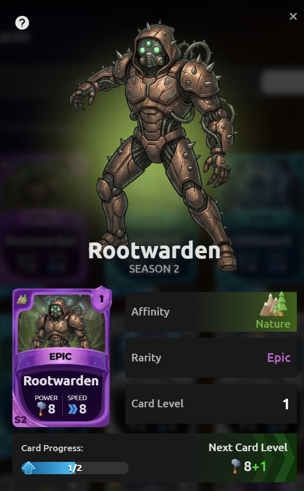 Card Crush Epic card — Rootwarden with Power and Speed stats