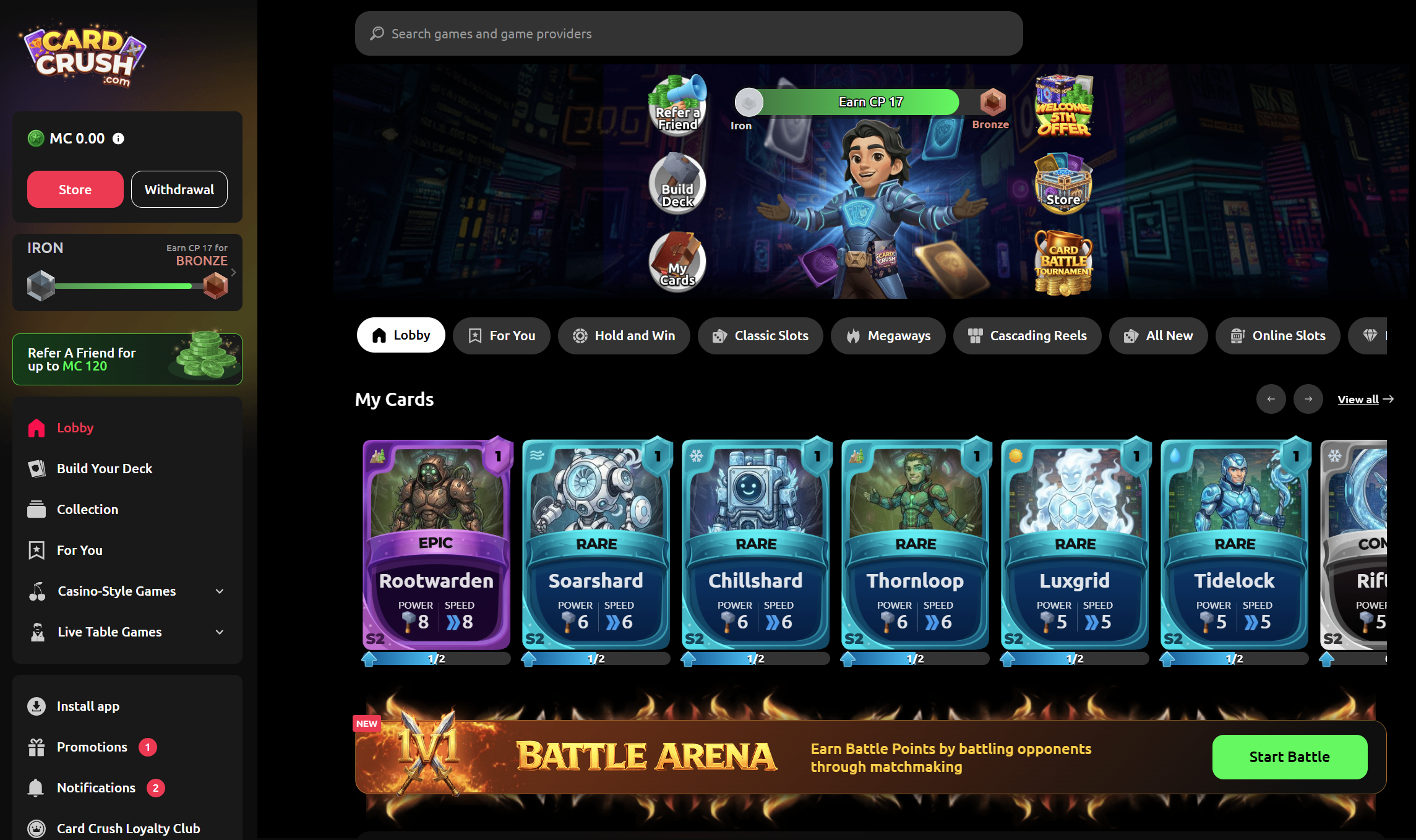 Card Crush homepage showing the casino lobby and card battle arena