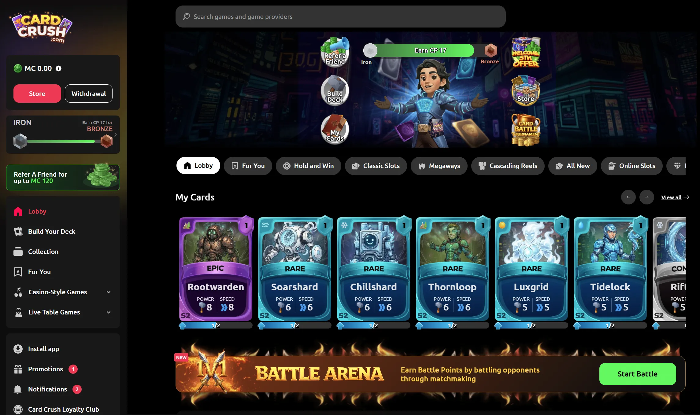Card Crush homepage showing the casino lobby and card battle arena