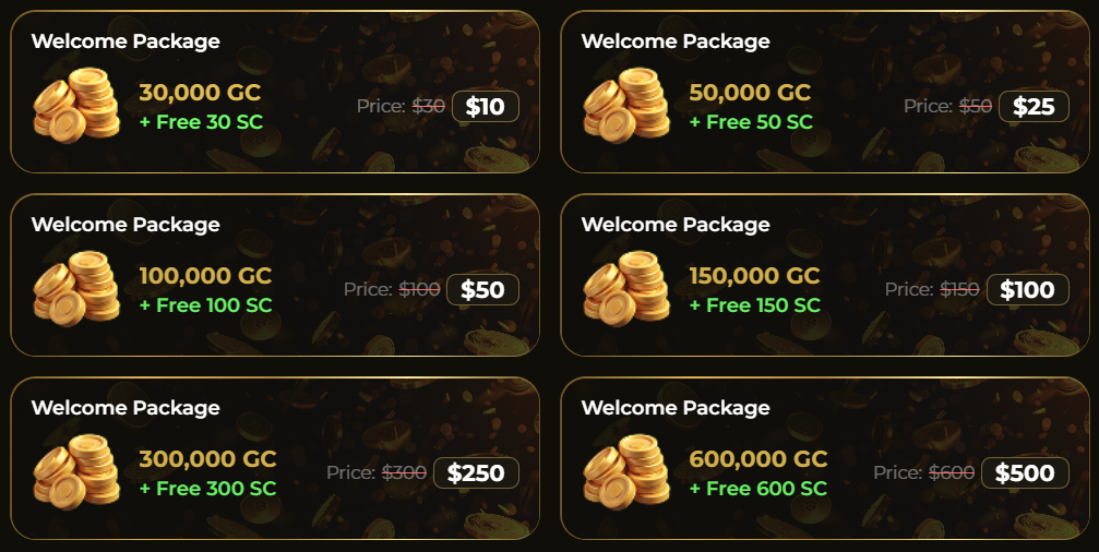 Coin Frenzy tiered welcome packages from $10 to $500