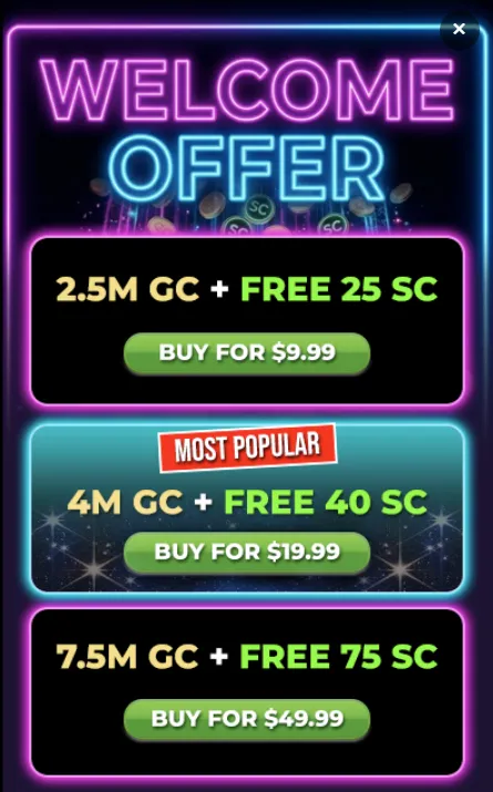 Coins Royale welcome offer — three tiers at $9.99, $19.99 and $49.99 with free SC