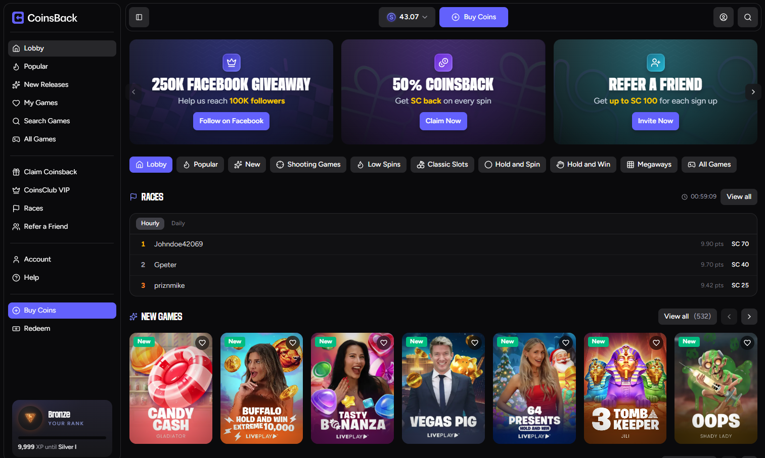 CoinsBack sweepstakes casino homepage