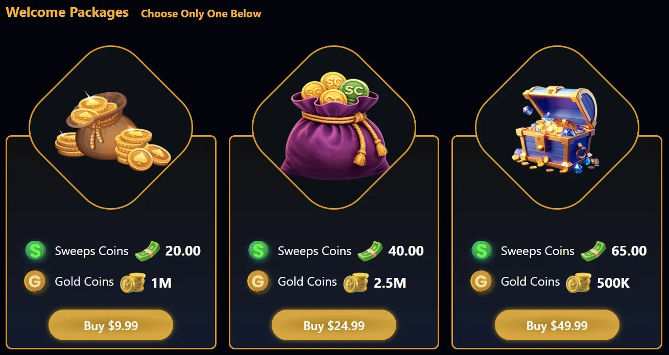CrazyCoins welcome packages — three tiers at $9.99, $24.99 and $49.99 with SC and GC amounts