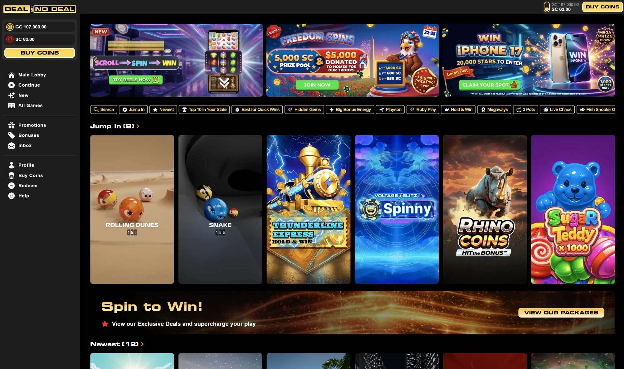 Deal or No Deal sweepstakes casino homepage showing the game lobby with promotions and navigation