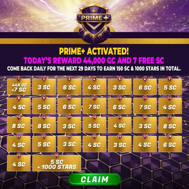 Deal or No Deal Prime+ Pass daily SC reward calendar showing 30 days of login rewards totaling 150 SC and 1,000 Stars