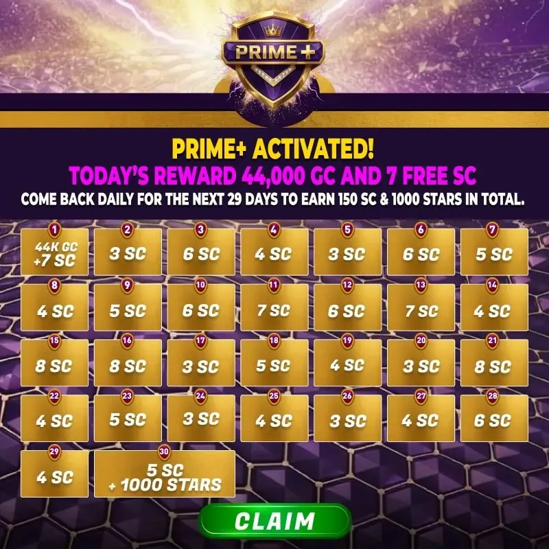 Deal or No Deal Prime+ Pass daily SC reward calendar showing 30 days of login rewards totaling 150 SC and 1,000 Stars