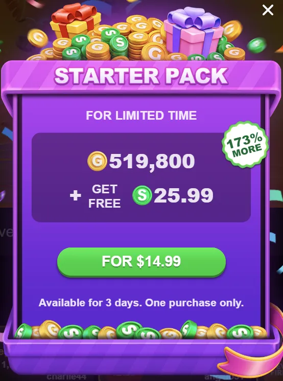 Fortune Purple starter pack — 519,800 GC plus 25.99 free SC for $14.99 at 173% more
