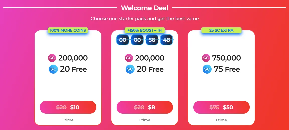 Free Spin welcome deal — three starter packs from $8 to $50 with bonus SC