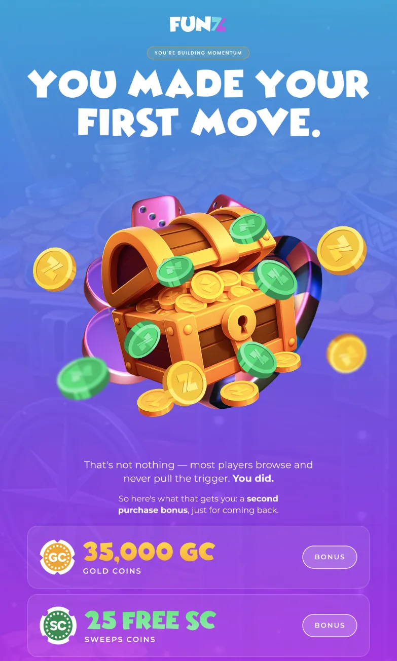 Funz Casino second purchase bonus — 35,000 Gold Coins and 25 free Sweeps Coins