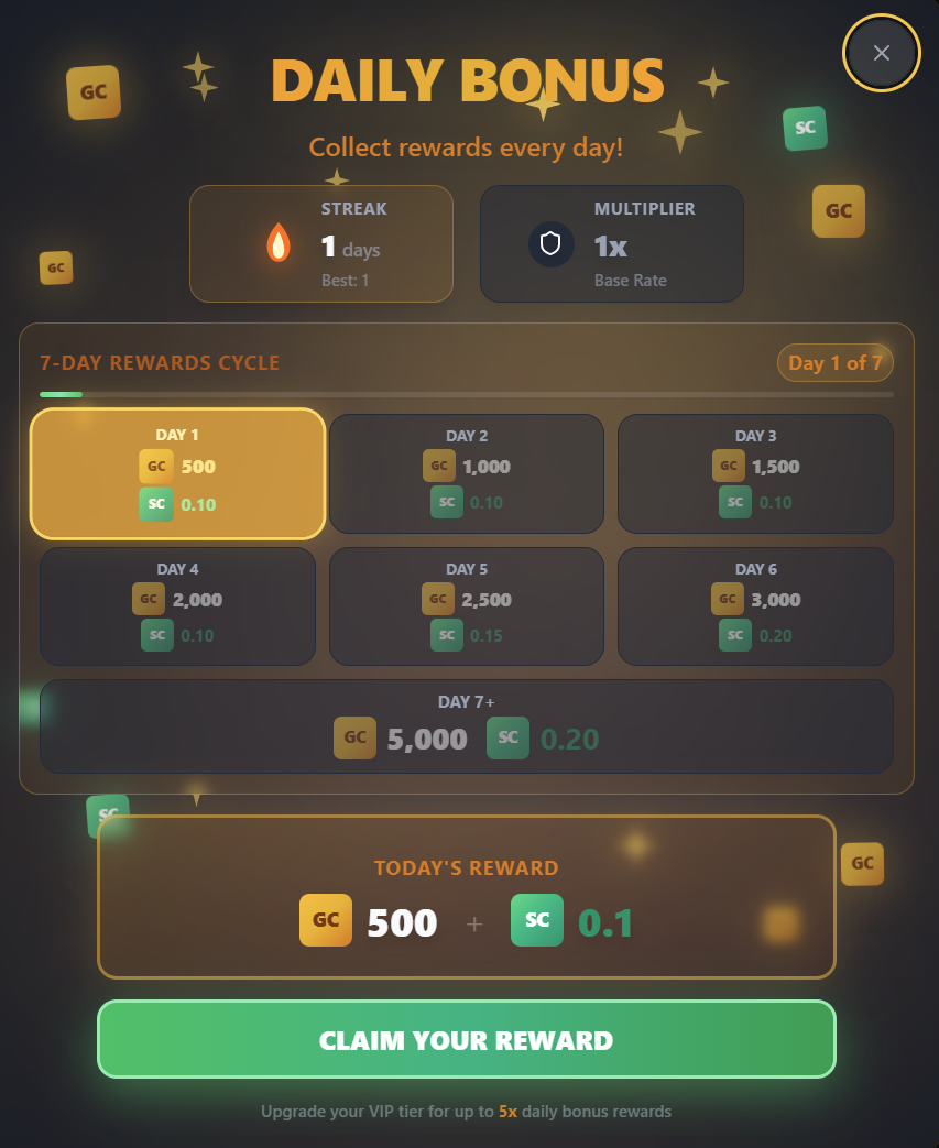 Gold Machine daily bonus — 7-day reward cycle with streak multiplier