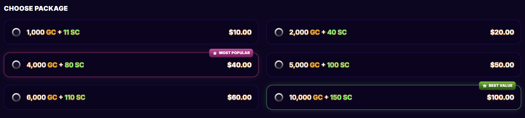 Golden Ticket CHOOSE PACKAGE screen with six GC and SC package options priced from $10 to $100