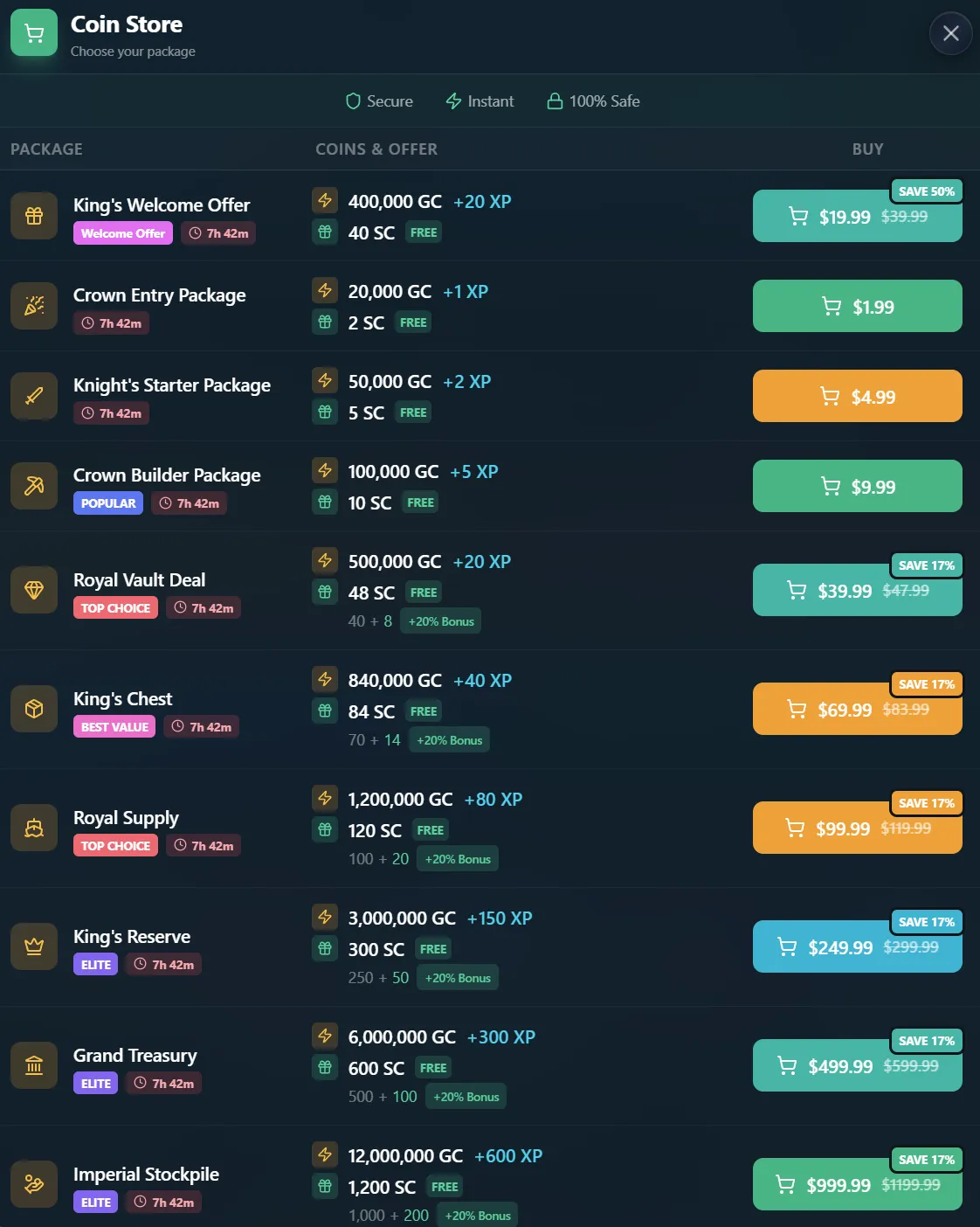 KingPrize coin store package list with prices and coin amounts