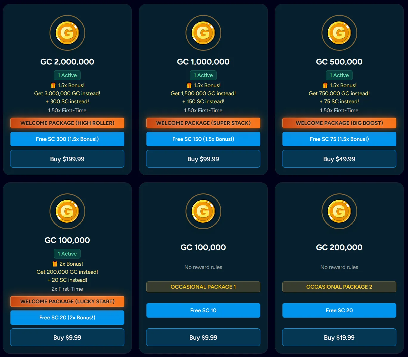 LuckXpress welcome packages with 1.5x and 2x first-time bonuses across four price tiers