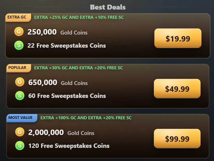 Lucky Buddha Best Deals — three tiers at $19.99, $49.99 and $99.99 with extra GC and free SC
