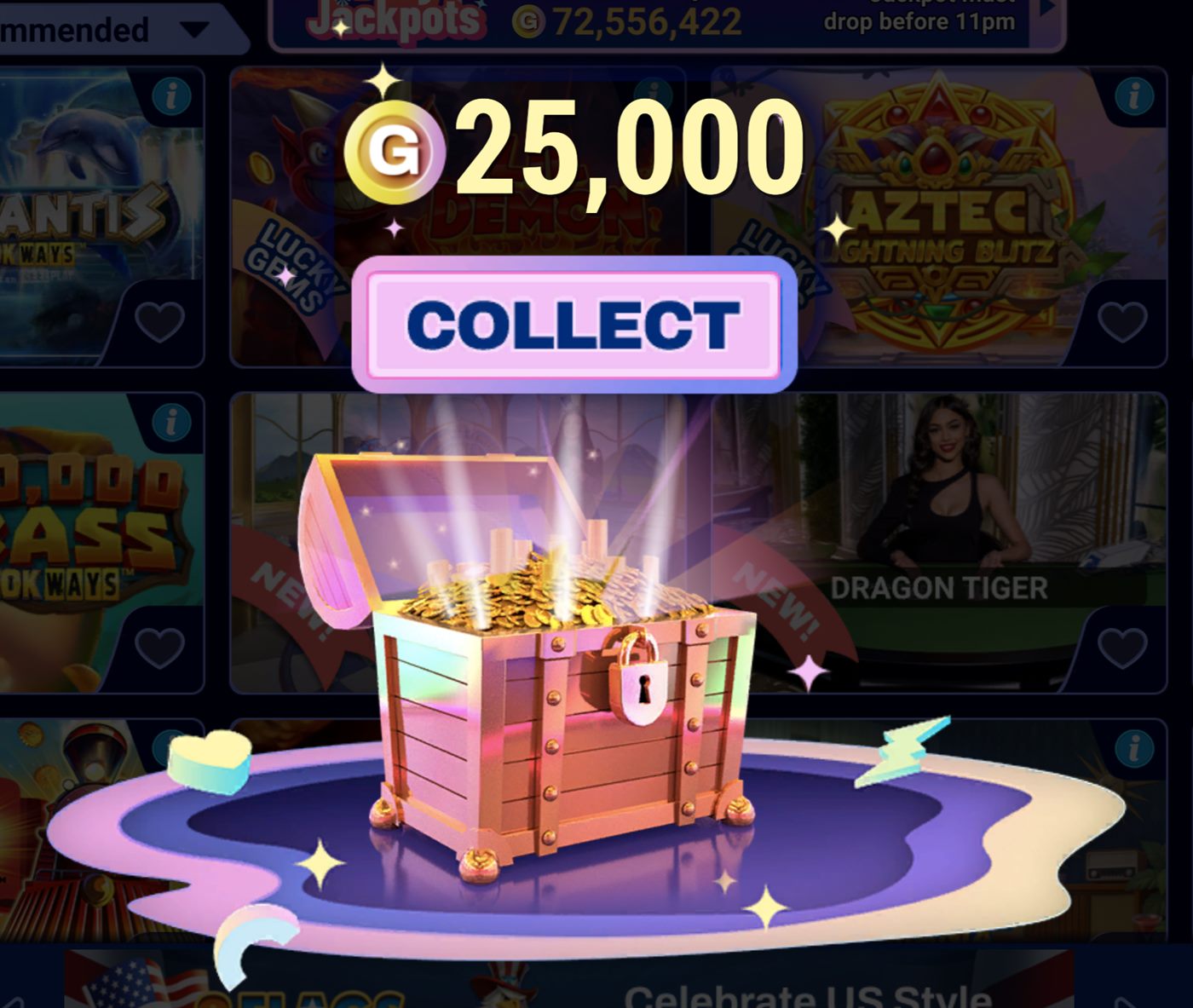 LuckyLand Casino free Gold Coin claim popup showing a 25,000 GC reward and collect button.