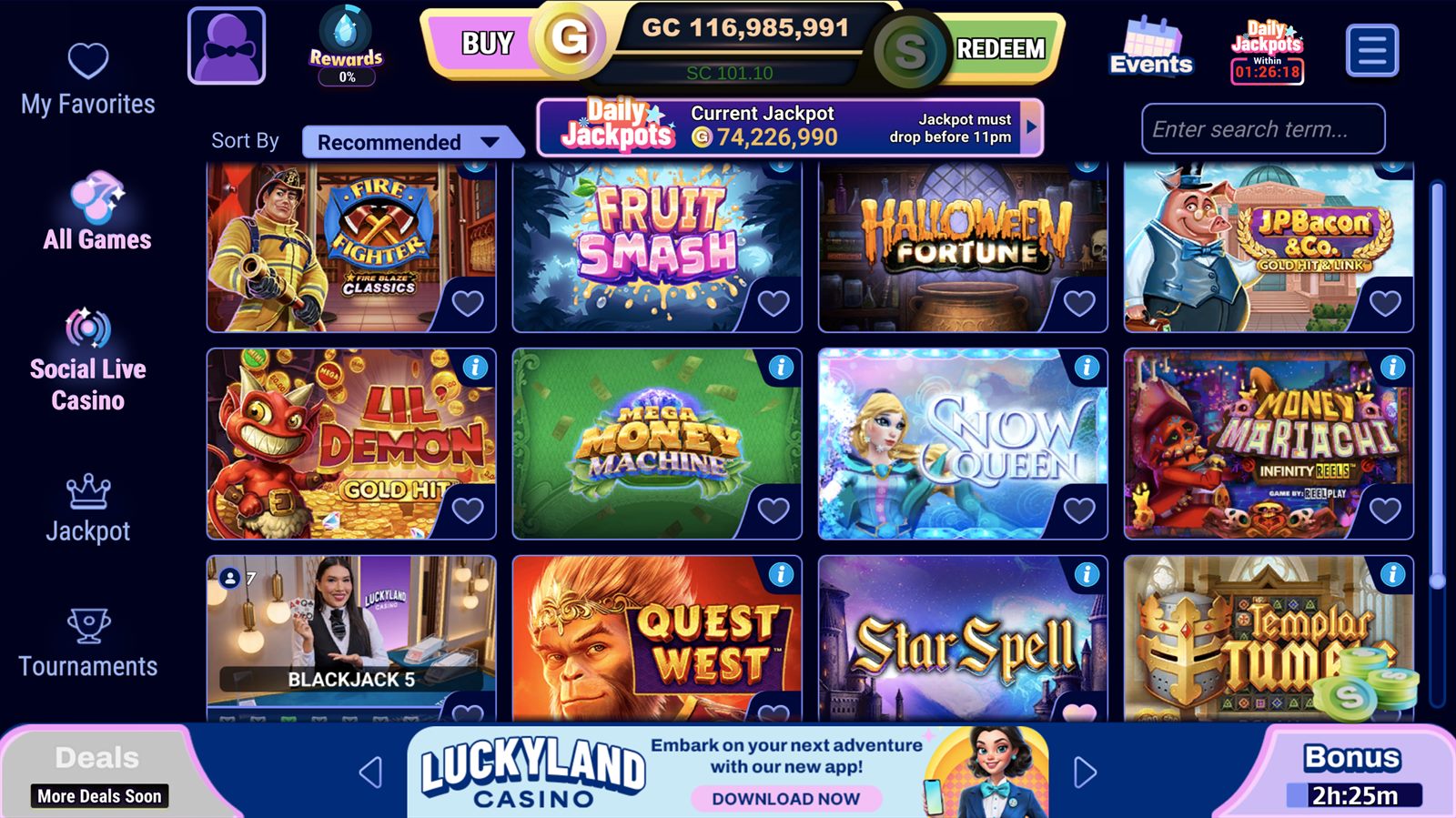 LuckyLand Casino homepage showing the main game lobby, rewards icon, daily jackpots banner, and current bonus timer.