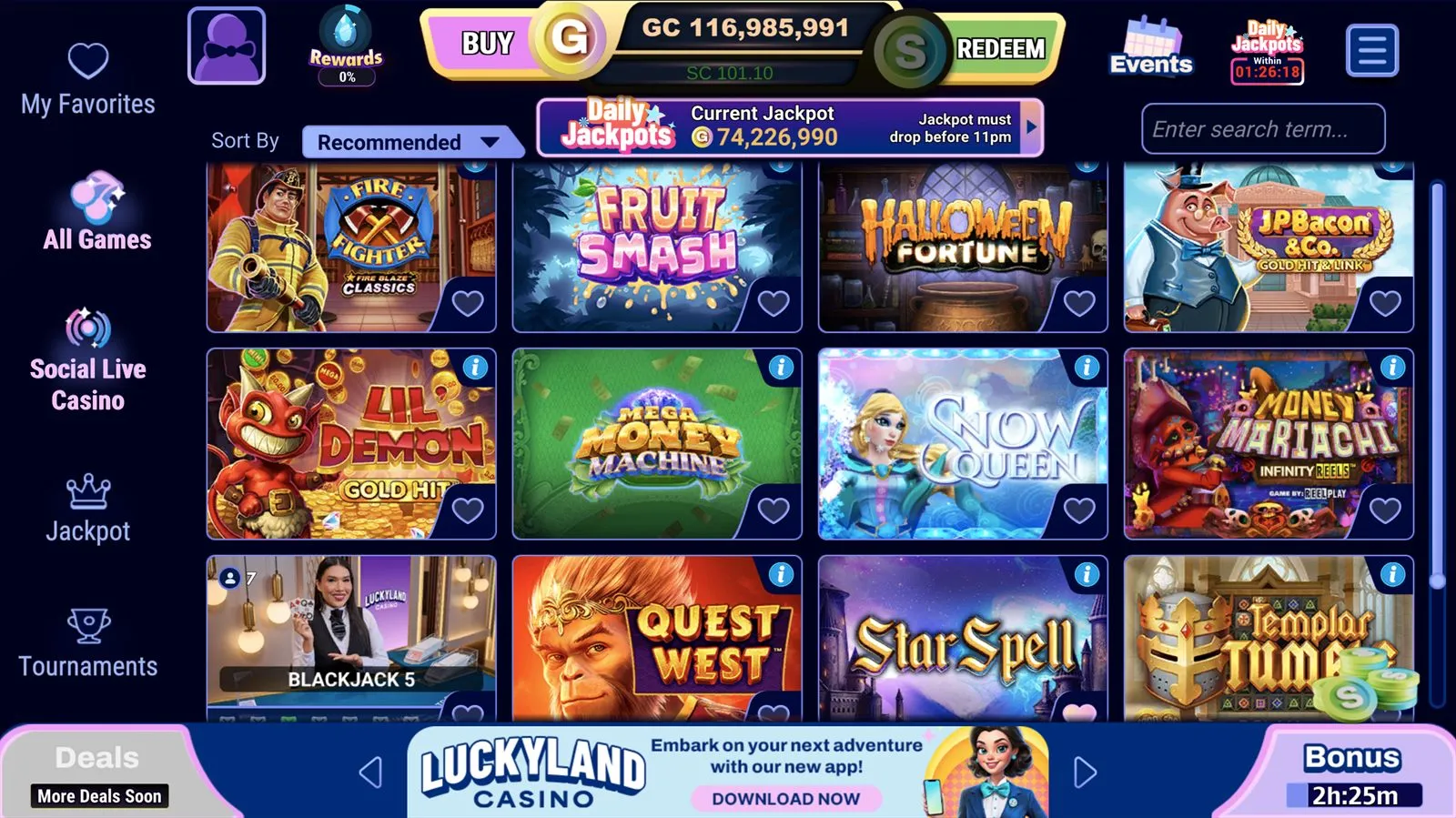 LuckyLand Casino homepage showing the main game lobby, rewards icon, daily jackpots banner, and current bonus timer.