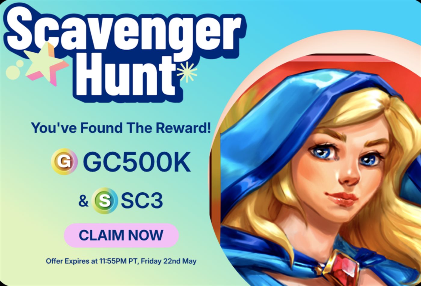 LuckyLand Casino scavenger hunt reward screen showing a claimed reward of 500,000 GC and 3 SC.