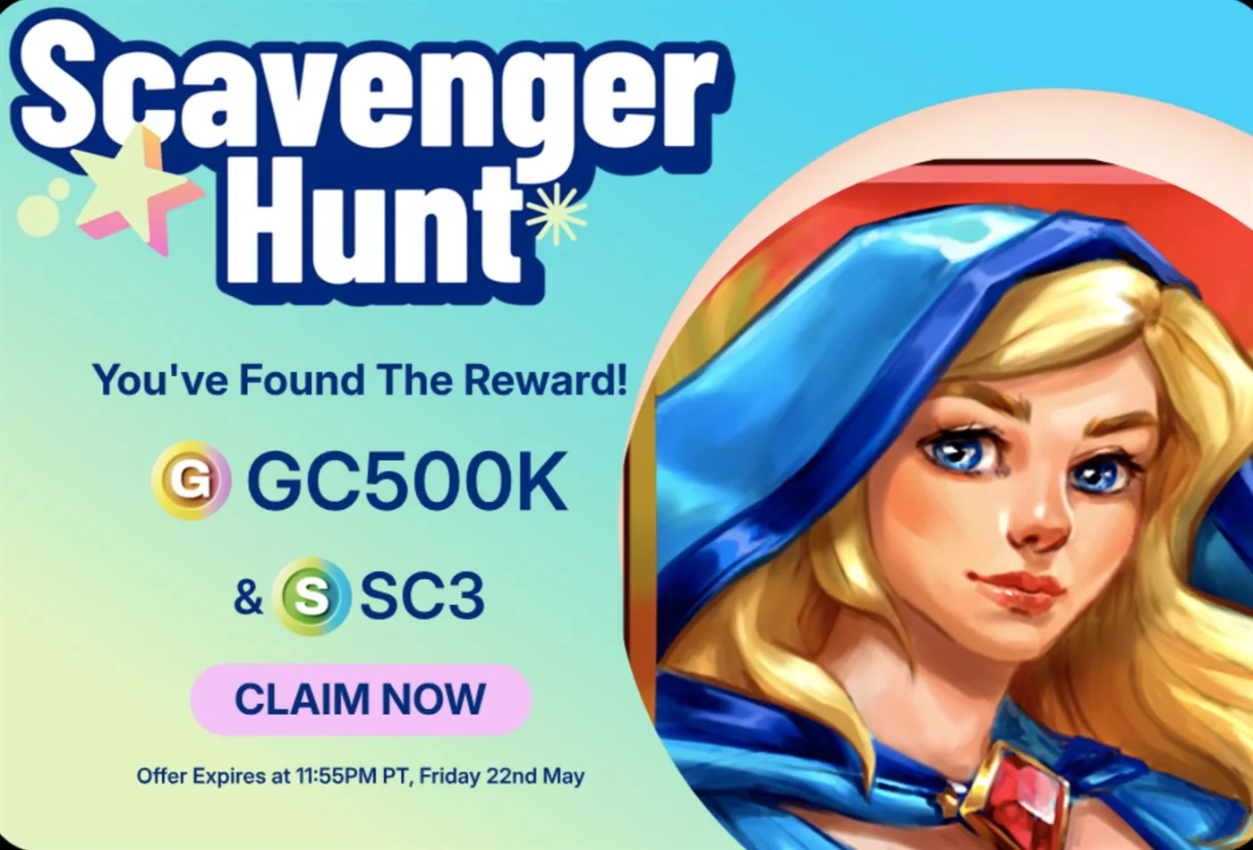 LuckyLand Casino scavenger hunt reward screen showing a claimed reward of 500,000 GC and 3 SC.