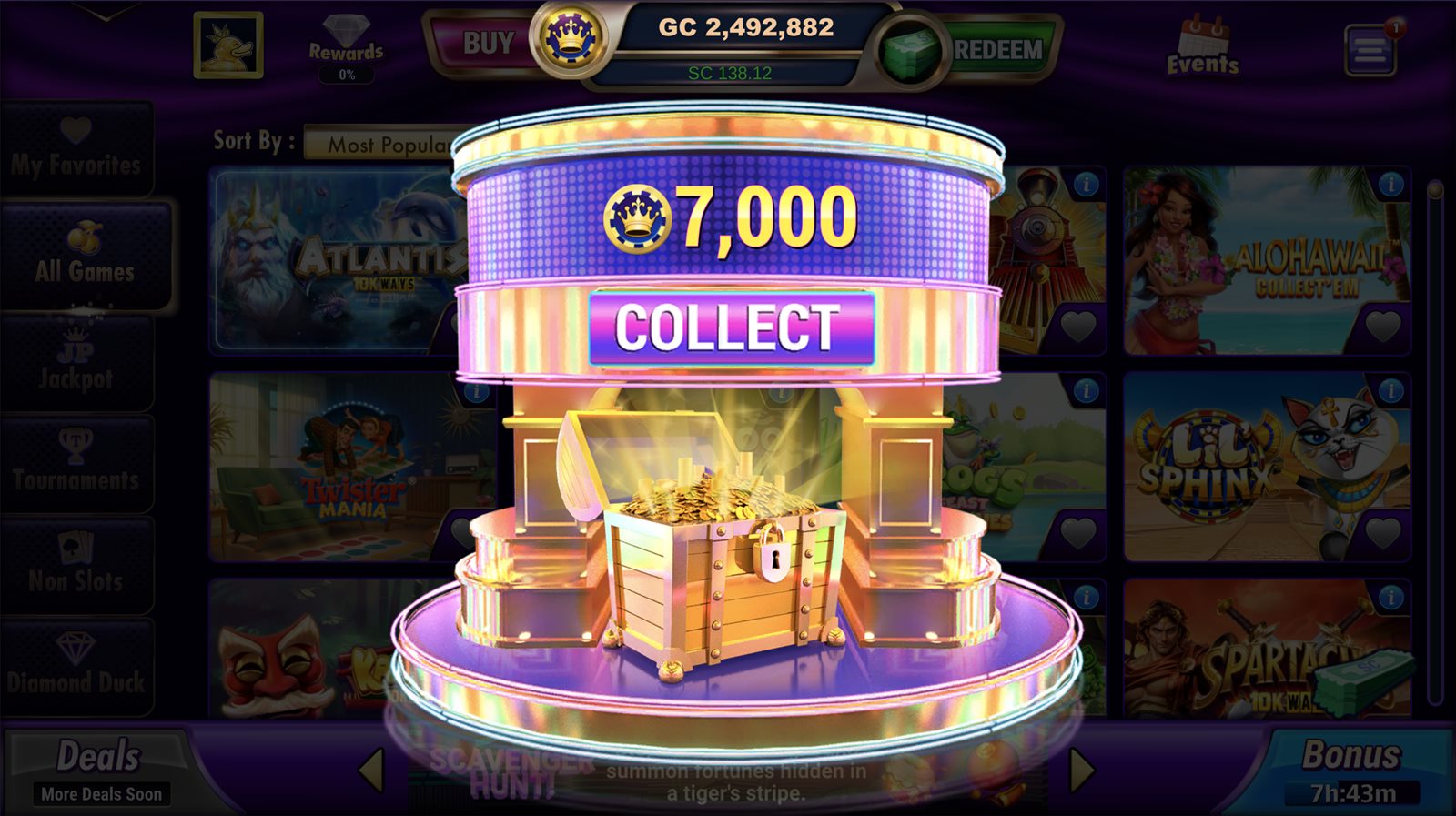 LuckyLand Slots free Gold Coin claim popup showing the 4-hour GC bonus chest.