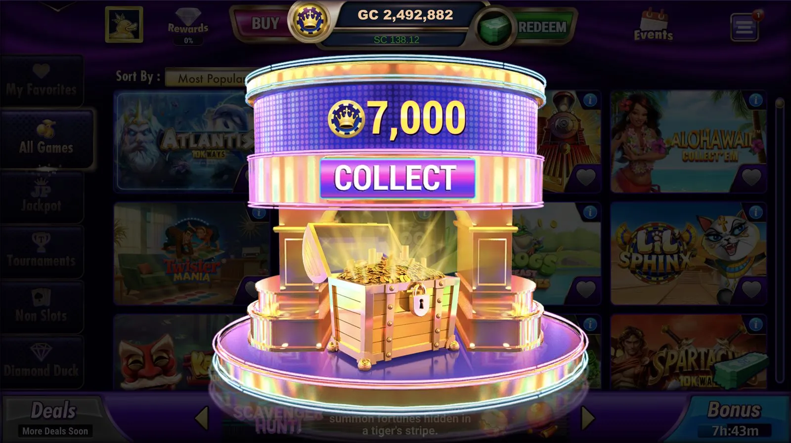 LuckyLand Slots free Gold Coin claim popup showing the 4-hour GC bonus chest.