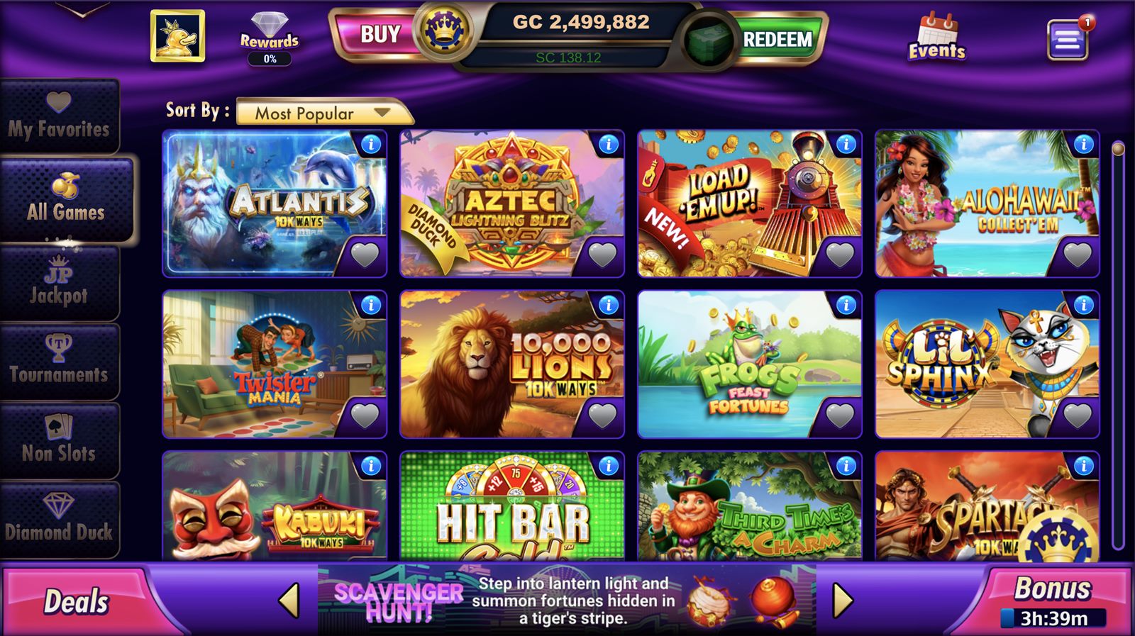 LuckyLand Slots homepage showing the Diamond Duck rewards area, active bonus timer, and current game lobby.