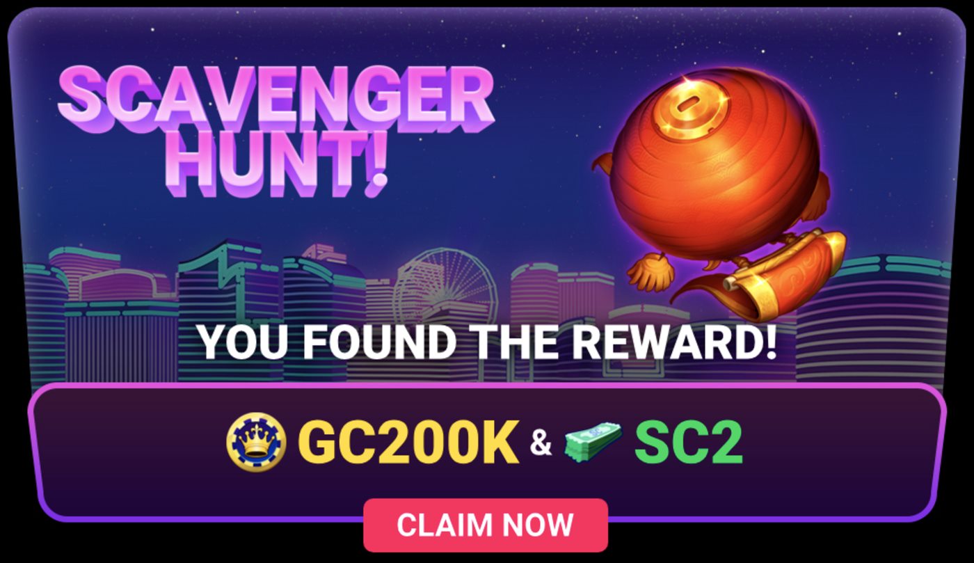 LuckyLand Slots scavenger hunt reward screen showing a found reward worth 200,000 GC and 2 SC.