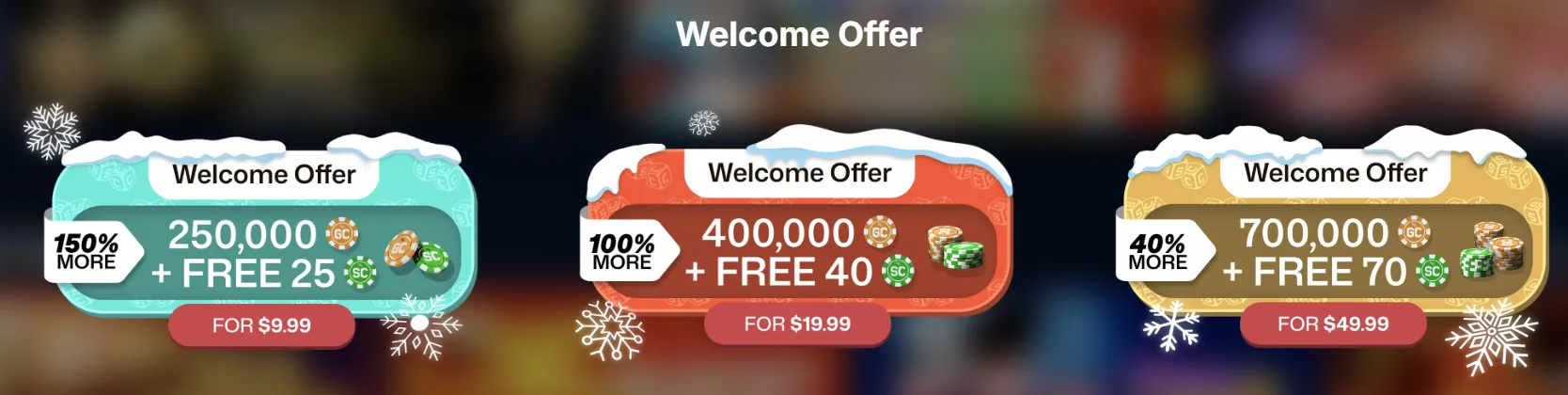 Sheesh Casino welcome offer — three tiers at $9.99, $19.99 and $49.99 with free SC