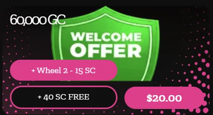 Spinsly welcome offer: $20 for 60,000 GC, 40 SC free, and a Wheel spin worth 2 to 15 SC