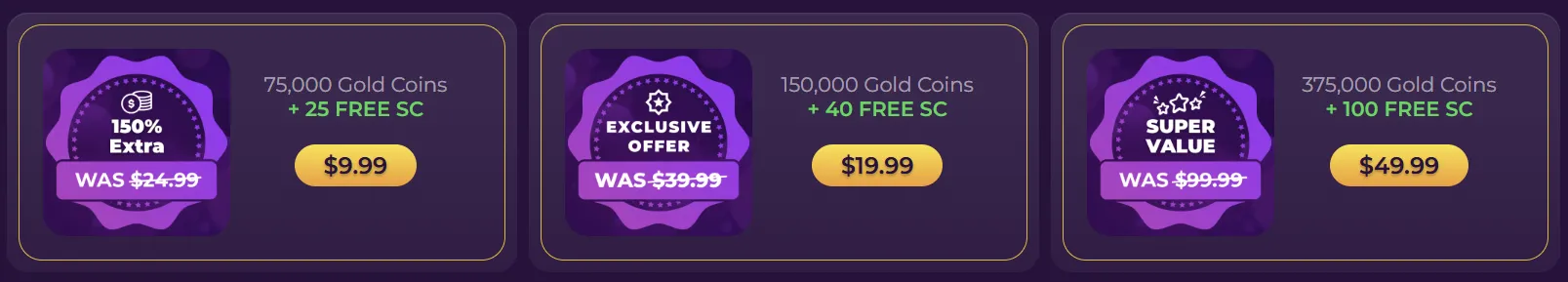 SweepSpot welcome offers — three discounted packages at $9.99, $19.99 and $49.99 with free SC
