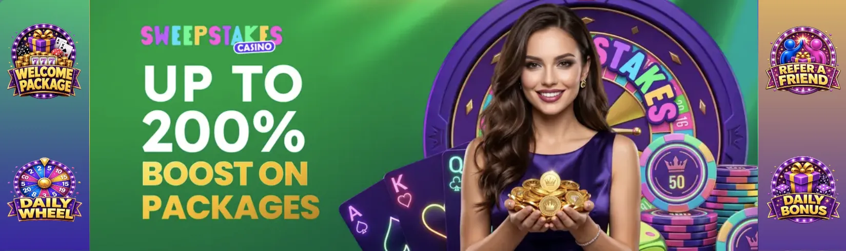Sweepstakes Casino promo banner advertising up to 200% boost on packages