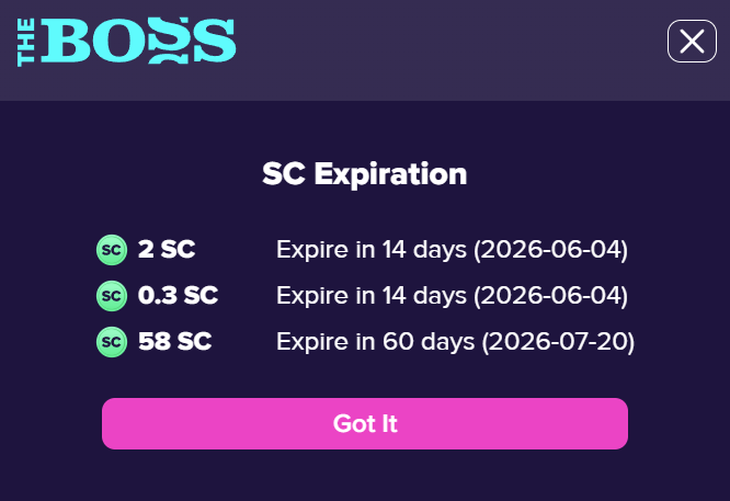 The Boss SC expiry warnings on the redemption page