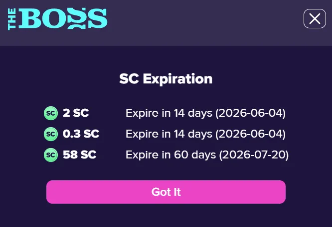 The Boss SC expiry warnings on the redemption page