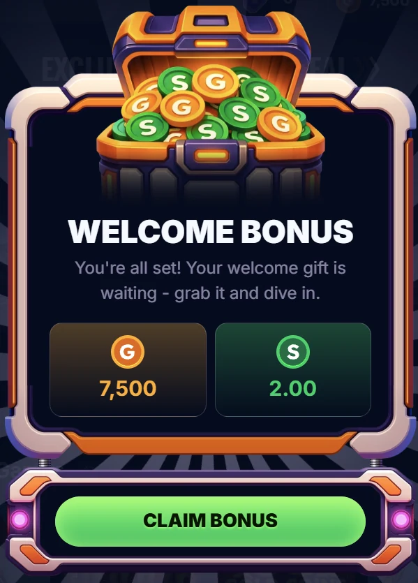 TurboStakes welcome bonus showing 7,500 G and 2.00 S