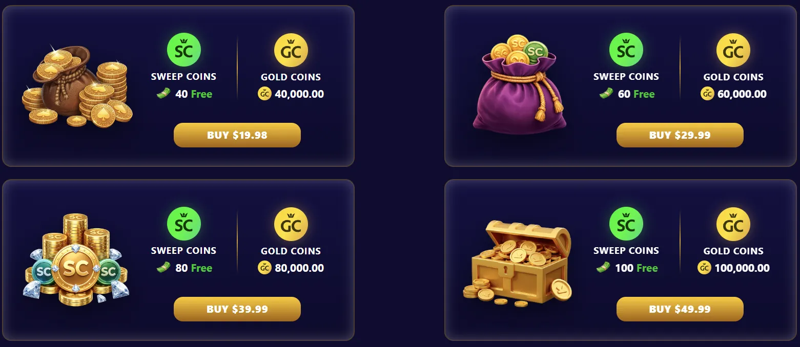 Victory Rush welcome offers — four tiers from $19.98 to $49.99 with matching SC and GC amounts