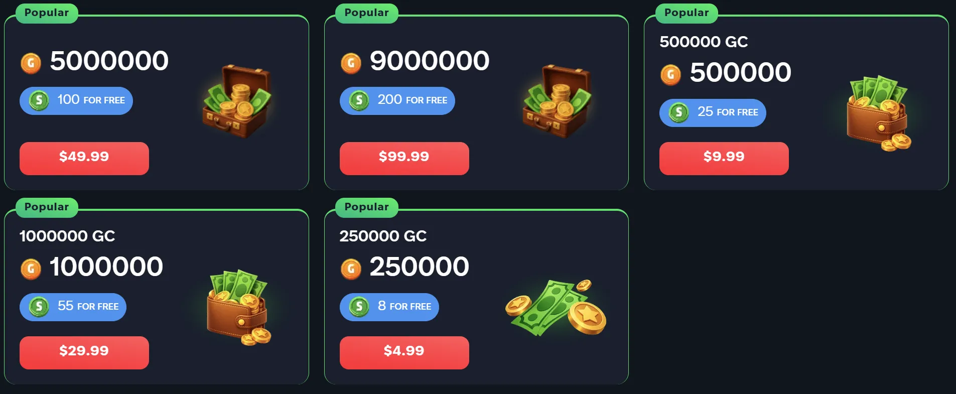 Winera welcome packages — five tiers from $4.99 to $99.99 with free SC amounts