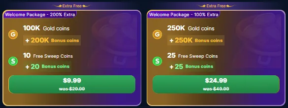 Yayz welcome packages — $9.99 for 30 SC at 200% extra and $24.99 for 50 SC at 100% extra